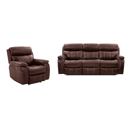 Armen Living Montague Dual Power Reclining 2 Piece Sofa and Recliner Set in Genuine Brown Leather SETMNBR2PC